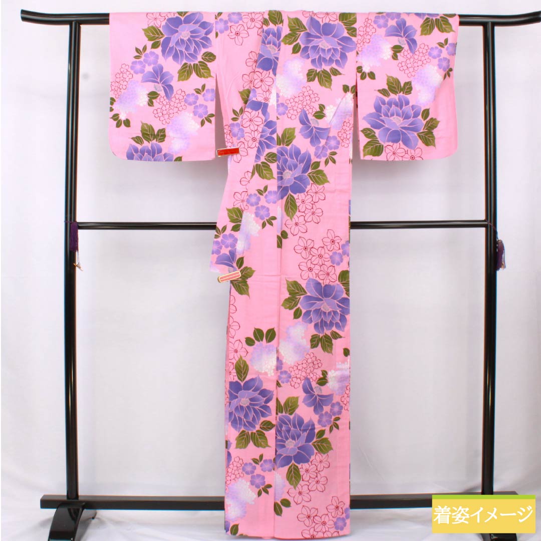 浴衣 木綿 身丈163cm 裄丈65cm Sランク 単衣 ピンク系 中紅花色(なかのくれないいろ) 花 1118006572413