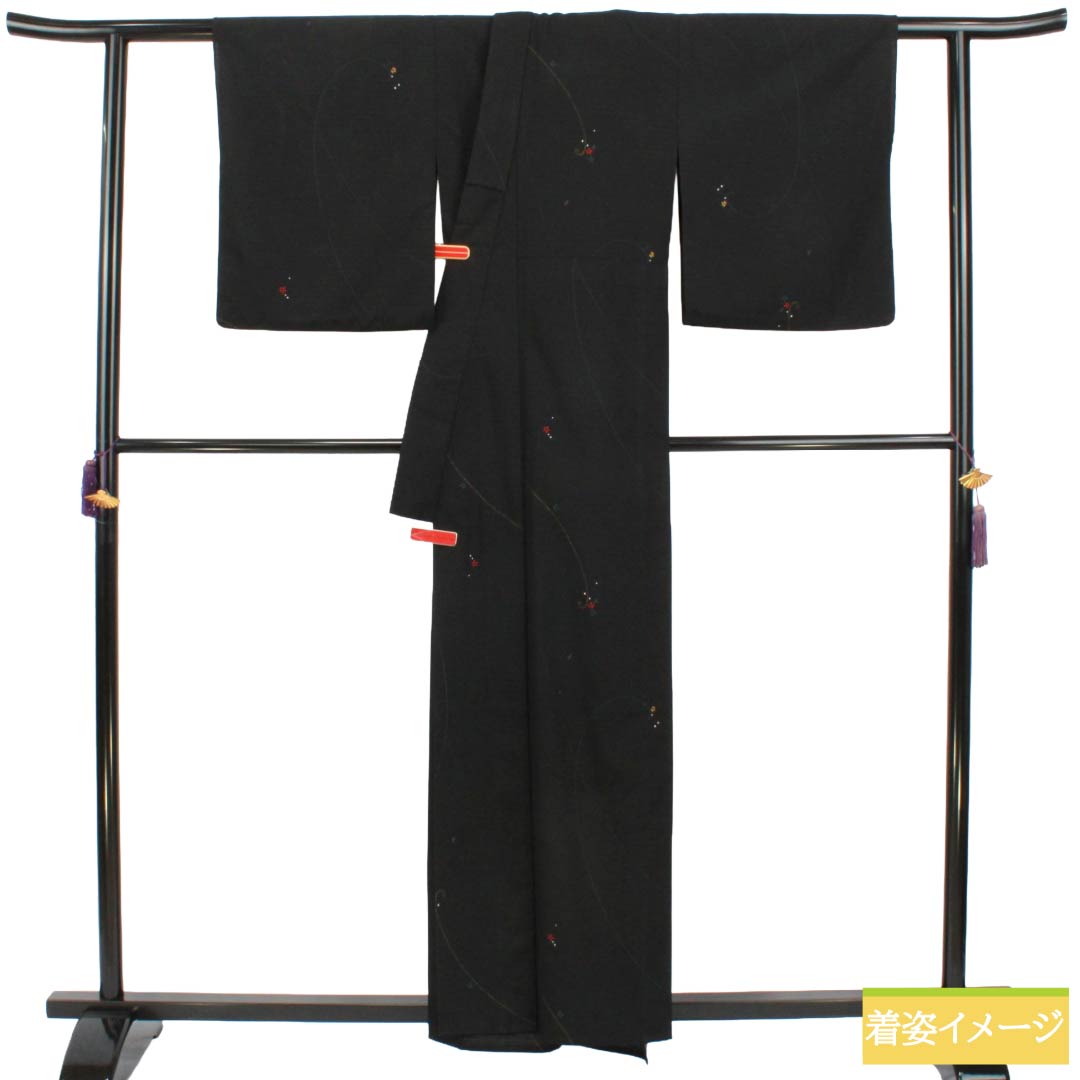 夏物 ポリエステル 小紋 Sランク 身丈159.5cm 裄丈66.5cm 抽象模様 洗える着物 絽 黒系 1132003352310