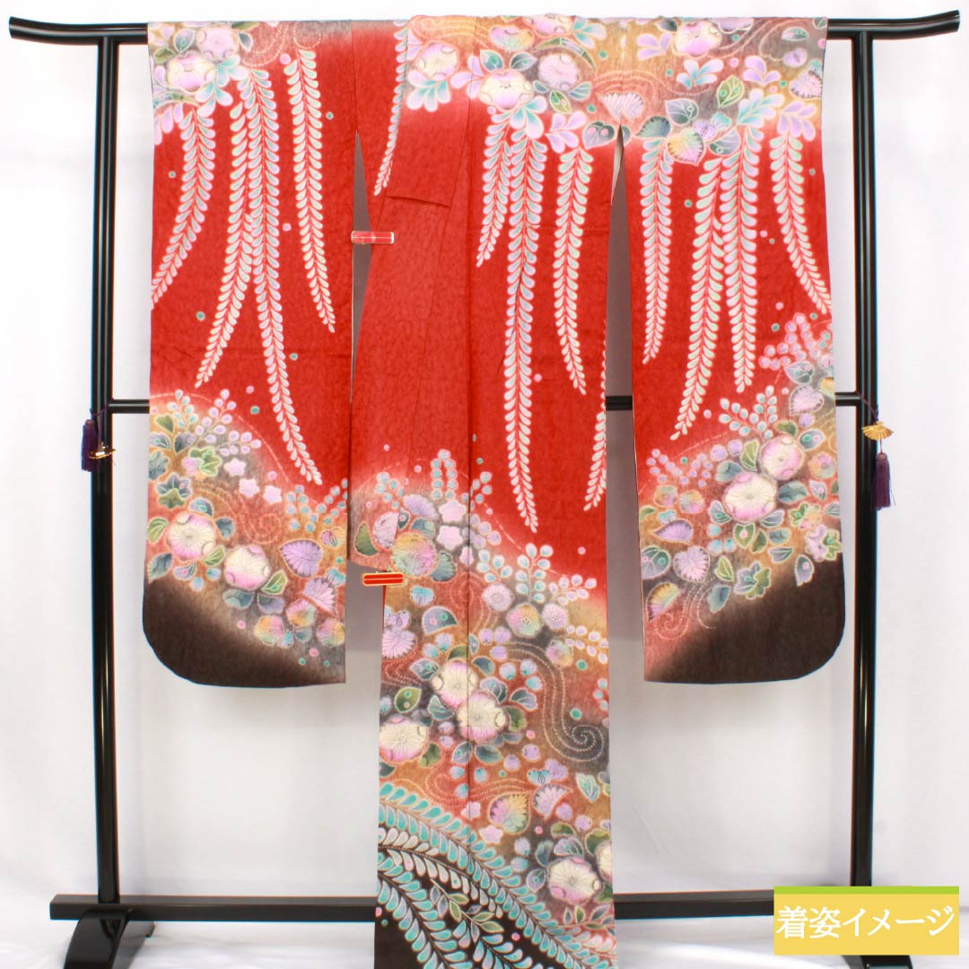 振袖 正絹 Sランク 身丈178cm 裄丈69cm 袷 濃紅葉色(こいもみじいろ) 銀通し 絞り 辻ヶ花 作家物 赤系 1113002712812