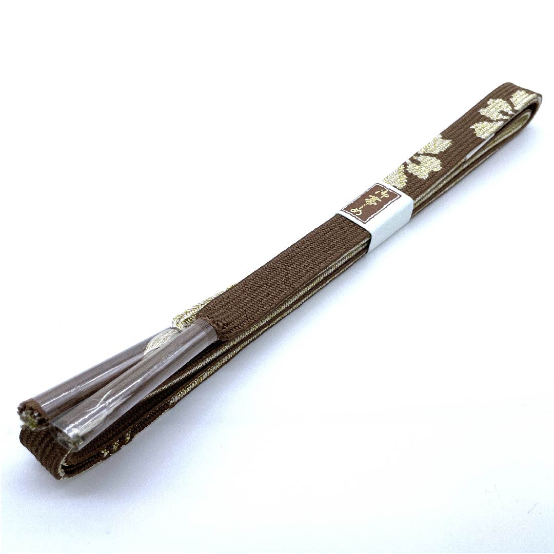(新古品) 帯締め 正絹 四分紐 苦色(にがいろ) 金属糸使用 花 新古品 長さ約159cm 幅約1.5cm セミフォーマル Sランク 茶系 1135002182314