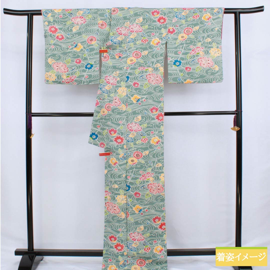 Komon (small pattern) kimono, pure silk, length 169.5cm, sleeve length 68.5cm, lined, Yamaaizuriiro (mountain indigo) color, Kyoto Bingata crepe fabric, flowing water and floral pattern, A rank, blue, 1115006163517