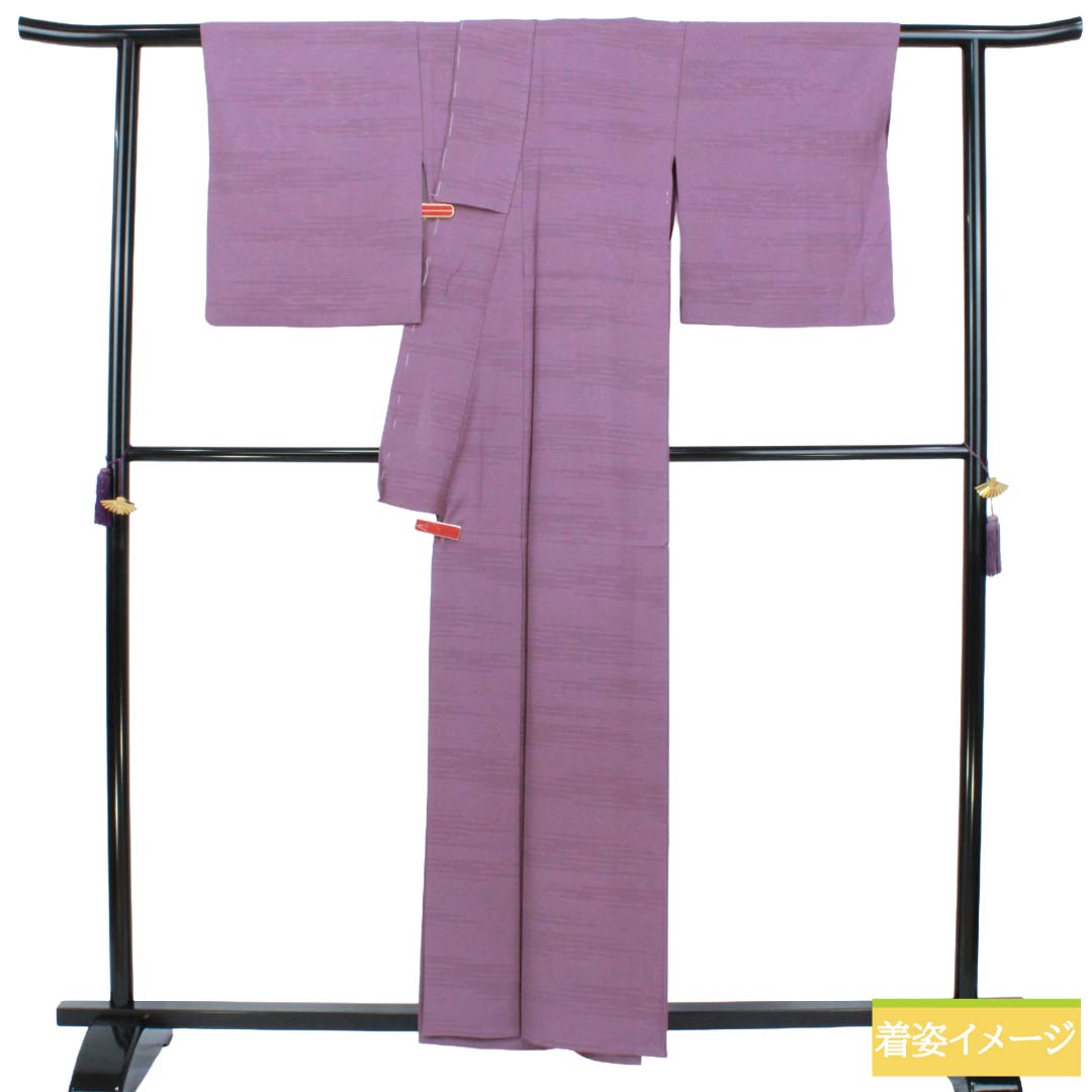夏物 正絹 色無地 Aランク 身丈158.5cm 裄丈65cm 半色(はしたいろ) 丸に剣片喰 一つ紋 霞模様 絽 紫系 1132003853320