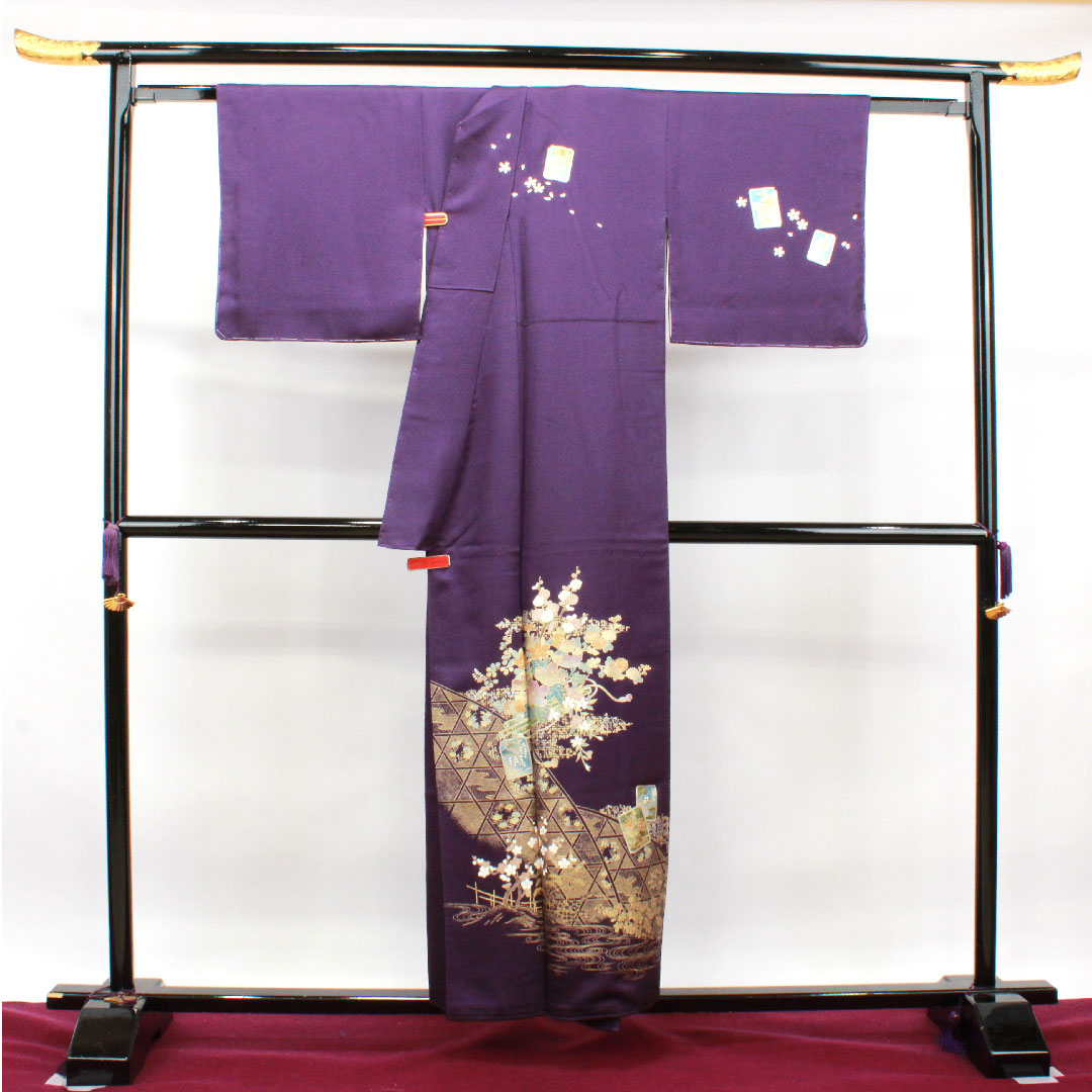 訪問着 正絹 袷 身丈155cm 裄丈68cm 深紫色 金彩加工 しつけ糸付き 吉祥文様 Sランク 紫系 1112003192320