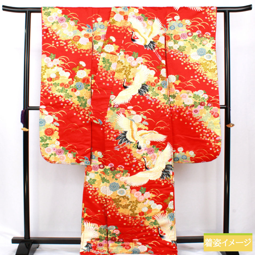 色打掛 正絹 Aランク 身丈194cm 裄丈67cm 唐織 鶴 菊 桜 袷 赤系 1110000953912