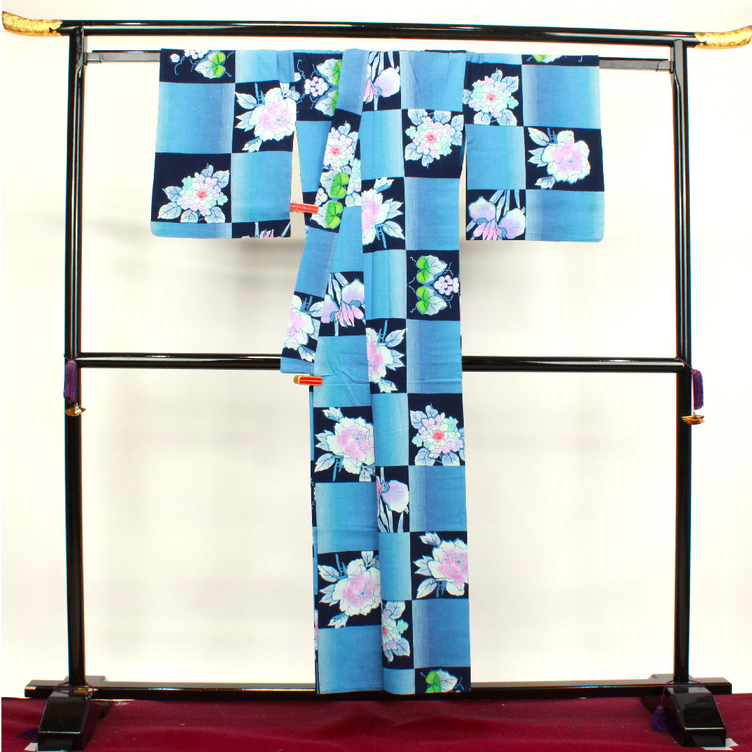 Yukata Checkered Hydrangea Grape Cotton S Rank Single Layer Length 153cm Sleeve Length 65cm Gradient 1118003052299