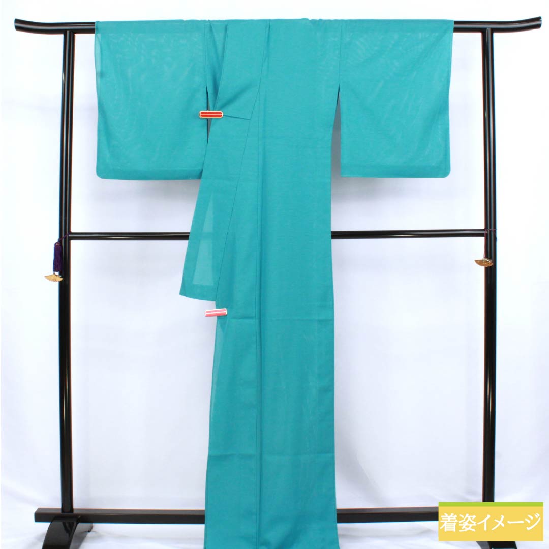 夏物 ポリエステル 色無地 Sランク 身丈171.5cm 裄丈70cm 浅葱色(あさぎいろ) 一つ紋 五三桐 洗える着物 絽 水色系 1132003052624