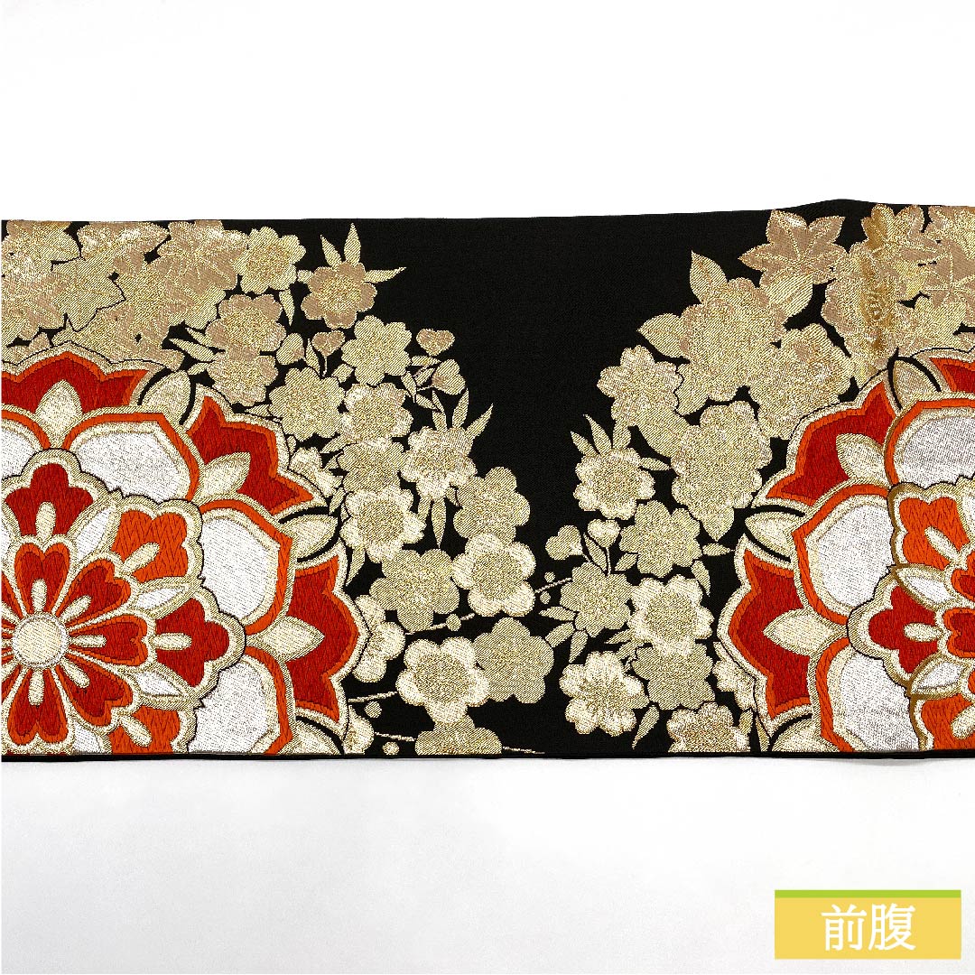 袋帯 正絹 黒色(くろいろ) 華文 桜 梅 紅葉 帯丈416cm Sランク 六通 フォーマル 黒系 1123011752310
