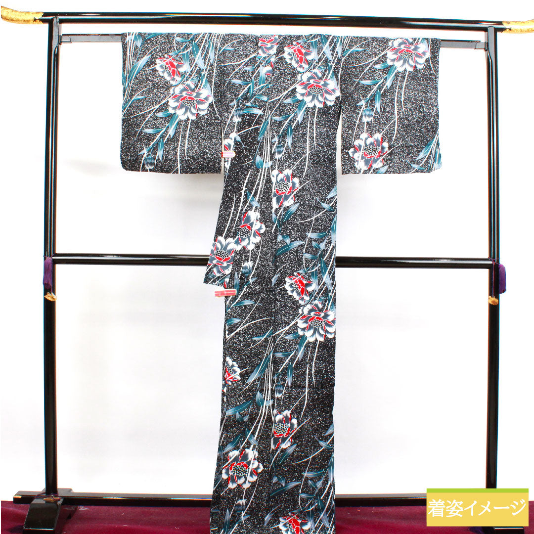 浴衣 木綿 身丈168.5cm 裄丈63cm Sランク 単衣 黒系 芍薬 1118004622510
