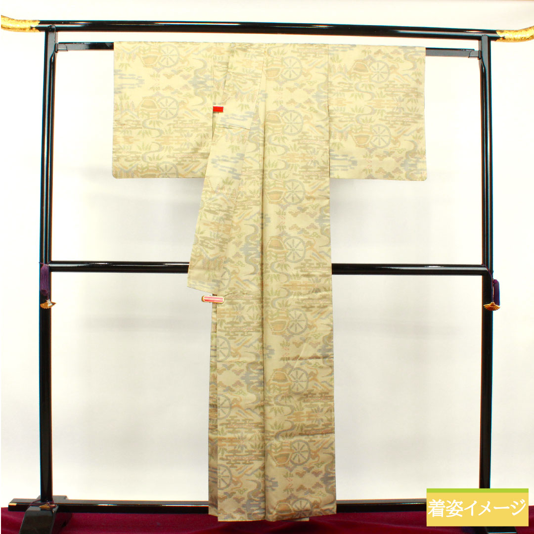 大島紬 正絹 身丈157.5cm 裄丈64.5cm 蕎麦切色 緯総絣 風景模様 Aランク 袷 ベージュ系 1116002883325