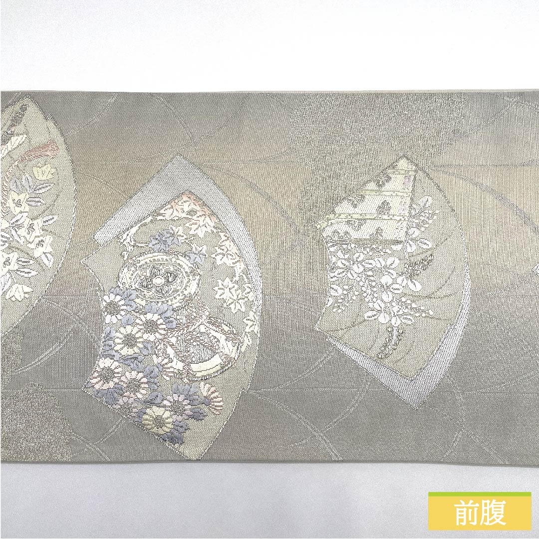 袋帯 正絹 薄鼠色(うすねずいろ) 扇面 桔梗 鼓 紅葉 帯丈428cm Aランク 六通 フォーマル グレー系 1123011823322