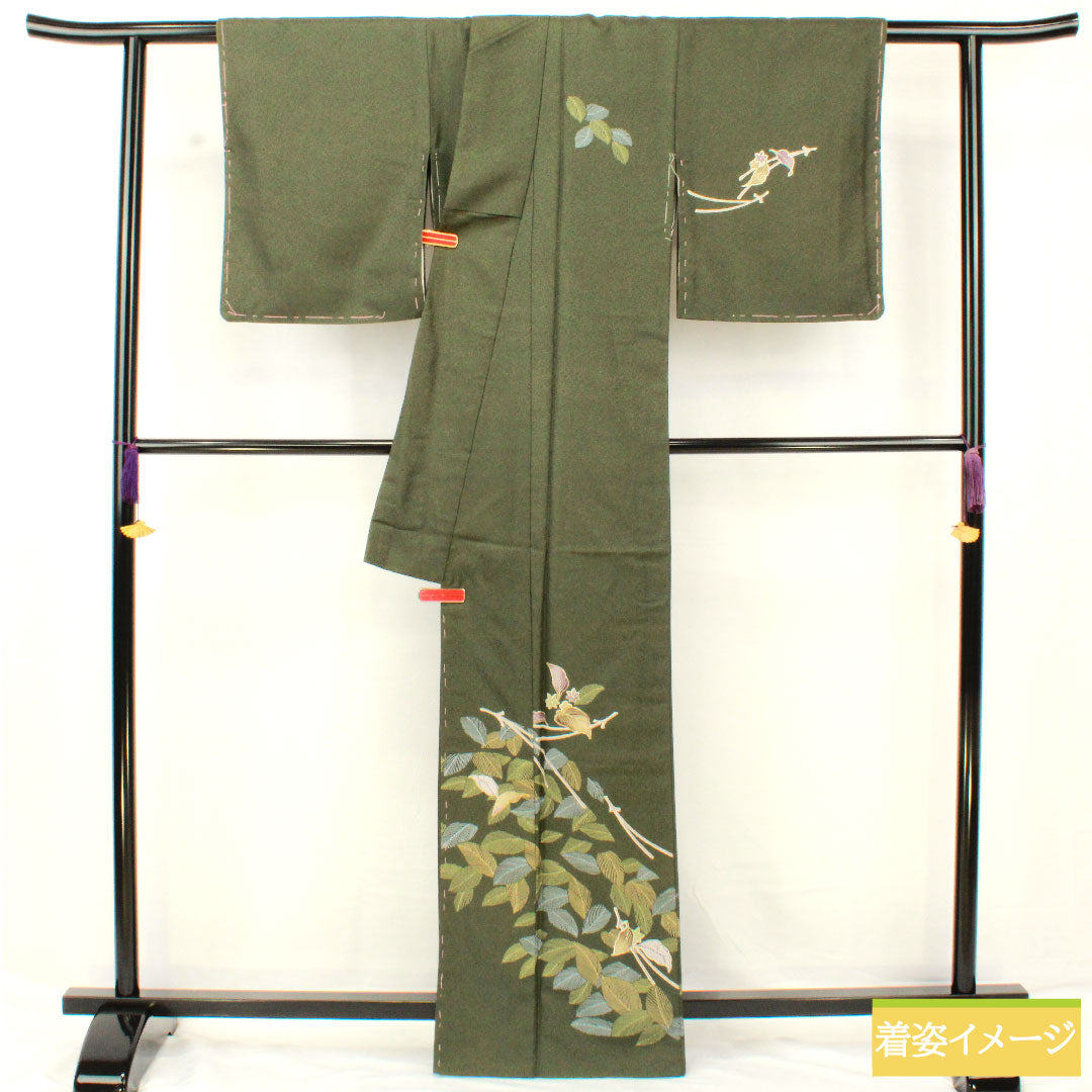 訪問着 ポリエステル 袷 身丈165cm 裄丈63cm 藍海松茶色(あいるみちゃいろ) 洗える着物 松葉 Aランク 緑系 1112005843519