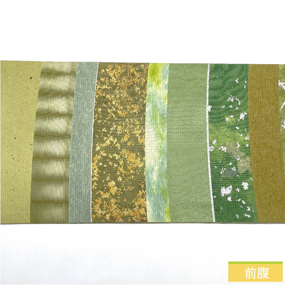 袋帯 浅緑色(あさみどりいろ) 抽象模様 横段 風景模様 帯丈436cm 正絹 Sランク 六通 セミフォーマル グラデーション系 1123011102399