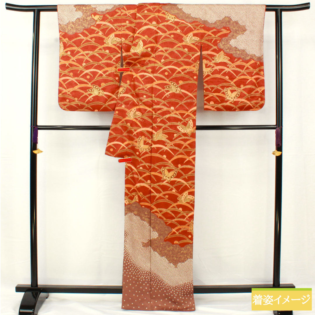 Homongi, pure silk, lined, length 163.5cm, sleeve length 64.5cm, Akatsuki Nezuiro, Kyo-Yuzen, butterfly, dew grass, S rank, brown, 1112004922414