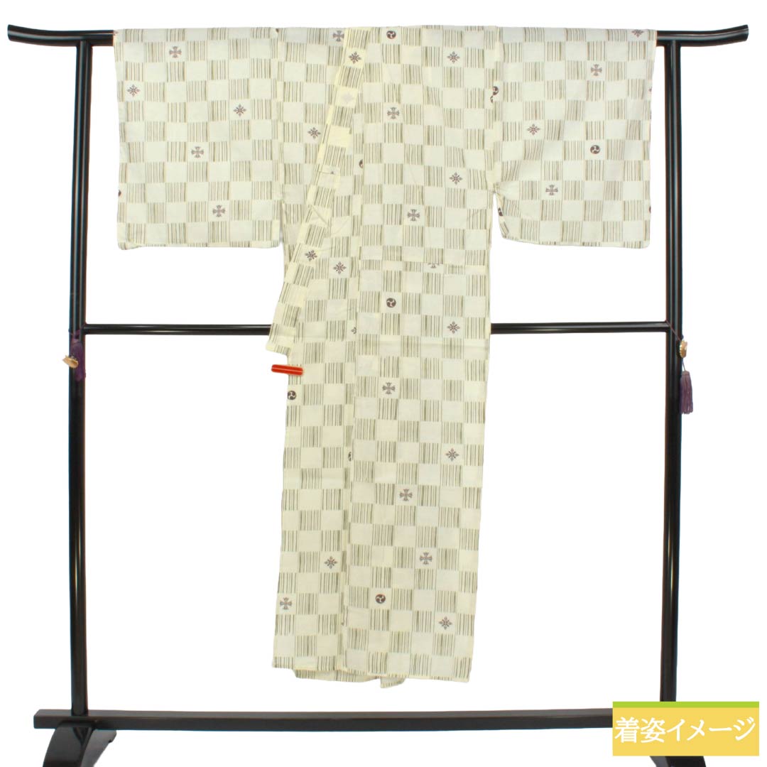 メンズ浴衣 木綿 Aランク 身丈144.5cm 裄丈72.5cm 鳥の子色(とりのこいろ) 市松 単衣 クリーム系 1138001223415