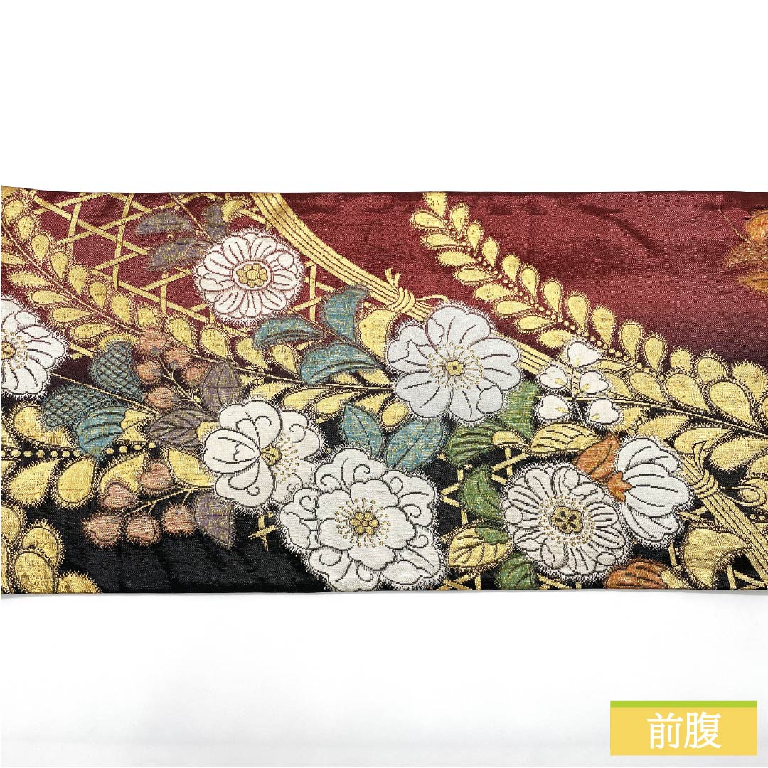 袋帯 正絹 暗紅色(あんこうしょくいろ) 振袖用 辻ヶ花 帯丈448cm Sランク 六通 フォーマル グラデーション系 1123013682399