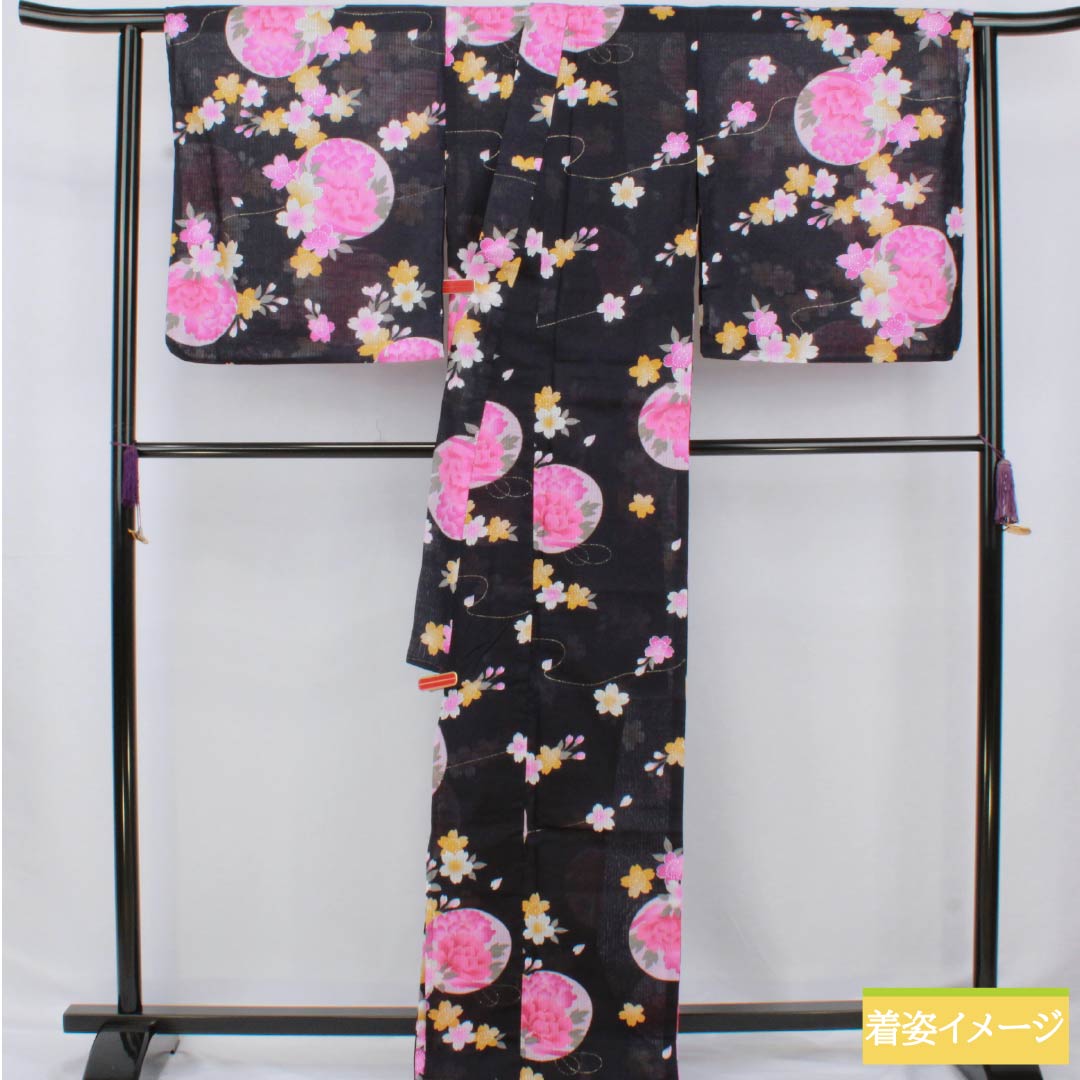 浴衣 木綿 身丈178.5cm 裄丈69cm Sランク 単衣 紺系 褐色(かちいろ) 花 桜 1118006712818