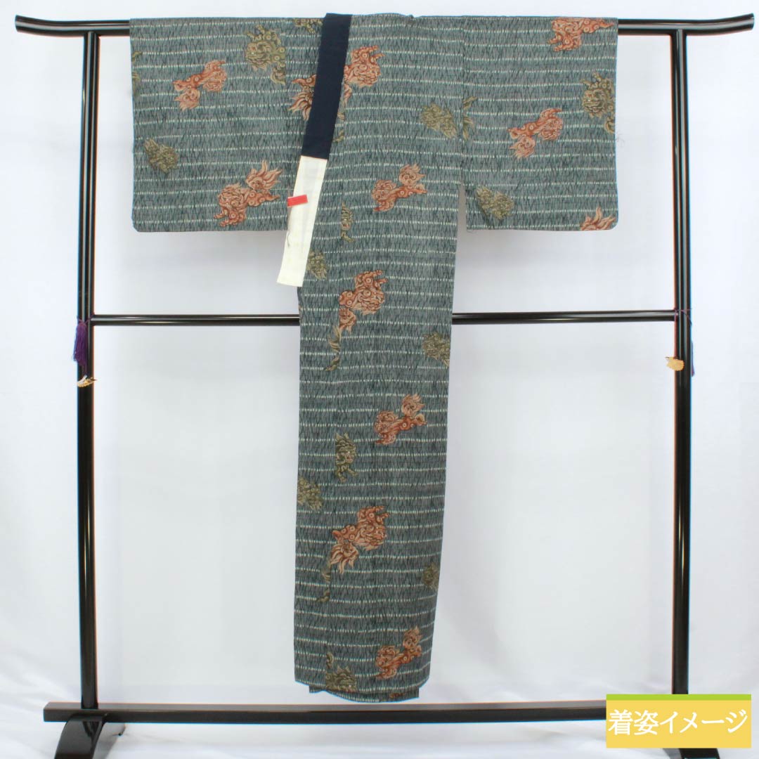 Men's wool nagajuban (long under-kimono), Grade A, length 147cm, sleeve length 68cm, Omeshi-chairo (brown) fabric, lion design, single-layer, green-toned, 1140000653419
