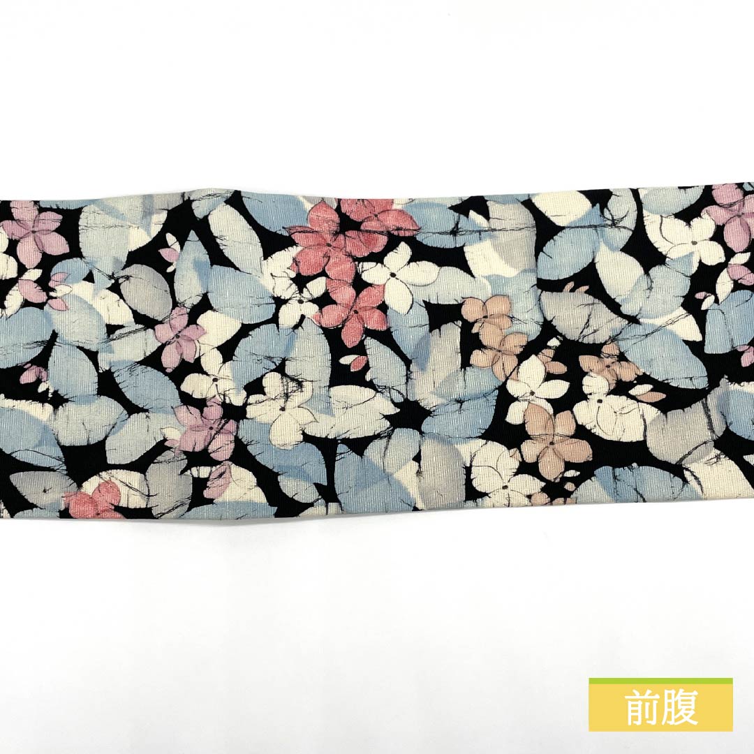 Nagoya obi, dyed obi, floral pattern, obi length 331cm, pure silk, S rank, full length, casual, black, 1124007352310, Nagoya style