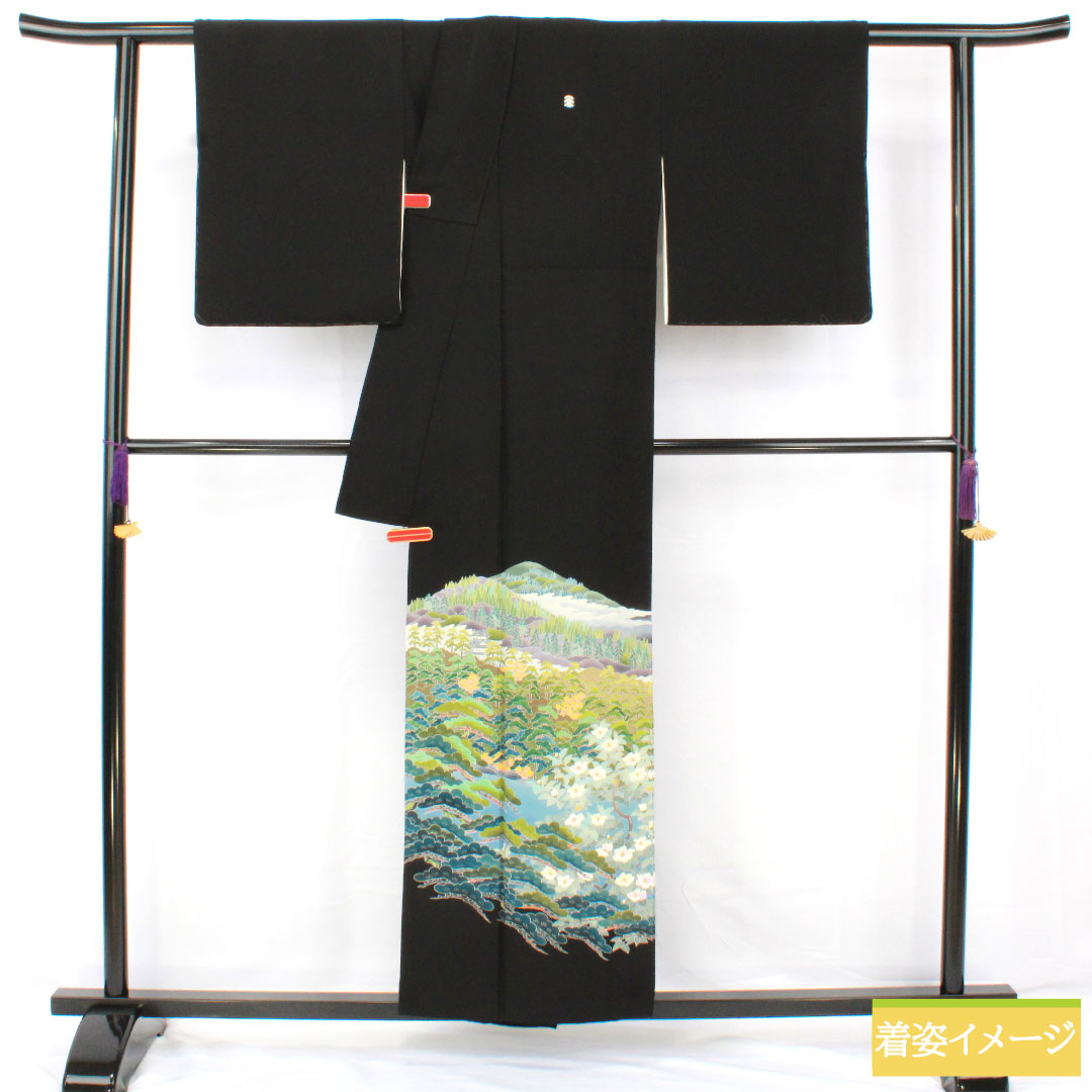 黒留袖 正絹 身丈154.5cm 裄丈62.5cm 袷 京加賀友禅 風景模様 五つ紋 三ツ重ね松 Aランク 黒系 1111001713210