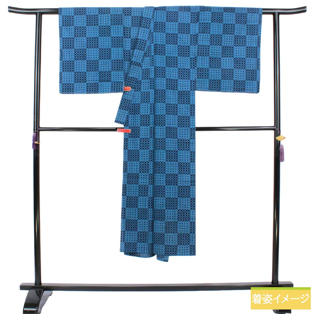 メンズ浴衣 木綿 Sランク 身丈137cm 裄丈68.5cm 浅青色(せんせいいろ) 格子 単衣 青系 1138000892317