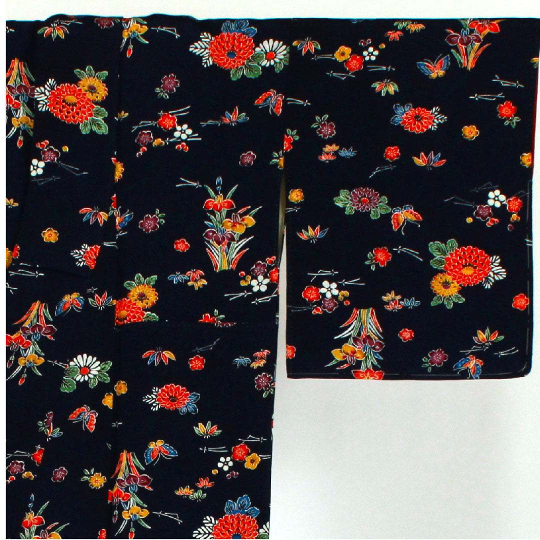 小紋 身丈154cm 裄丈66cm 袷 型染 松竹梅 花模様 正絹 Aランク 紺系 1115001213218