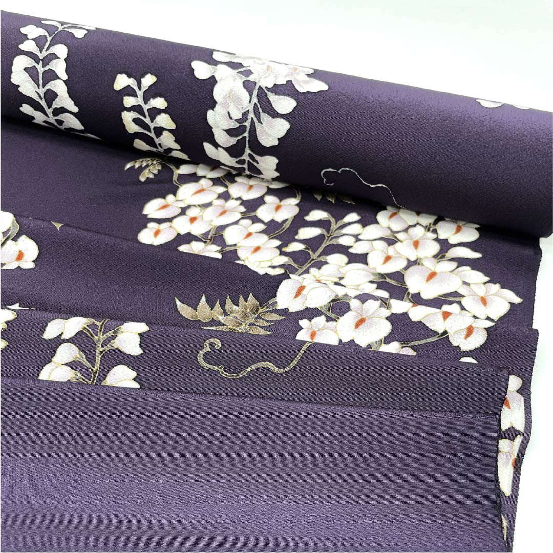 反物 小紋 正絹 紫黒色(しこくしょく) 丹後ちりめん 下り藤 花柄 NEWランク 紫系 1130001061920