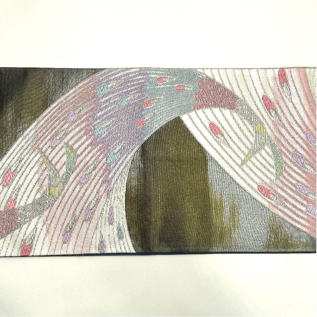 袋帯 振袖用 孔雀 帯丈422cm 正絹 Aランク 六通 フォーマル グレー系 1123004063322