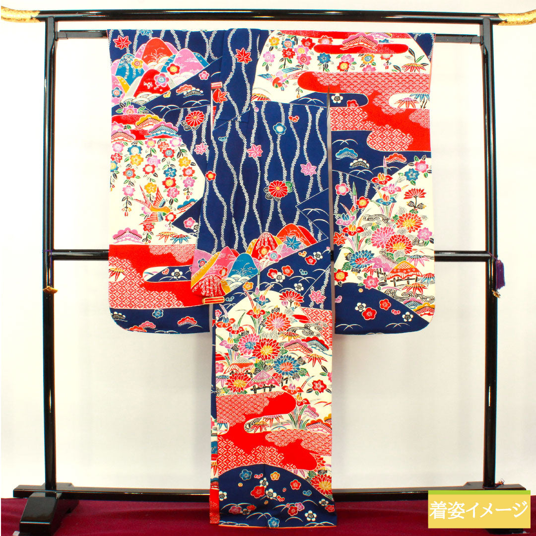 Furisode, pure silk, length 165cm, sleeve length 66cm, lined, lapis lazuli color, Kyoto Bingata, auspicious motif, A rank, navy blue, 1113002053518