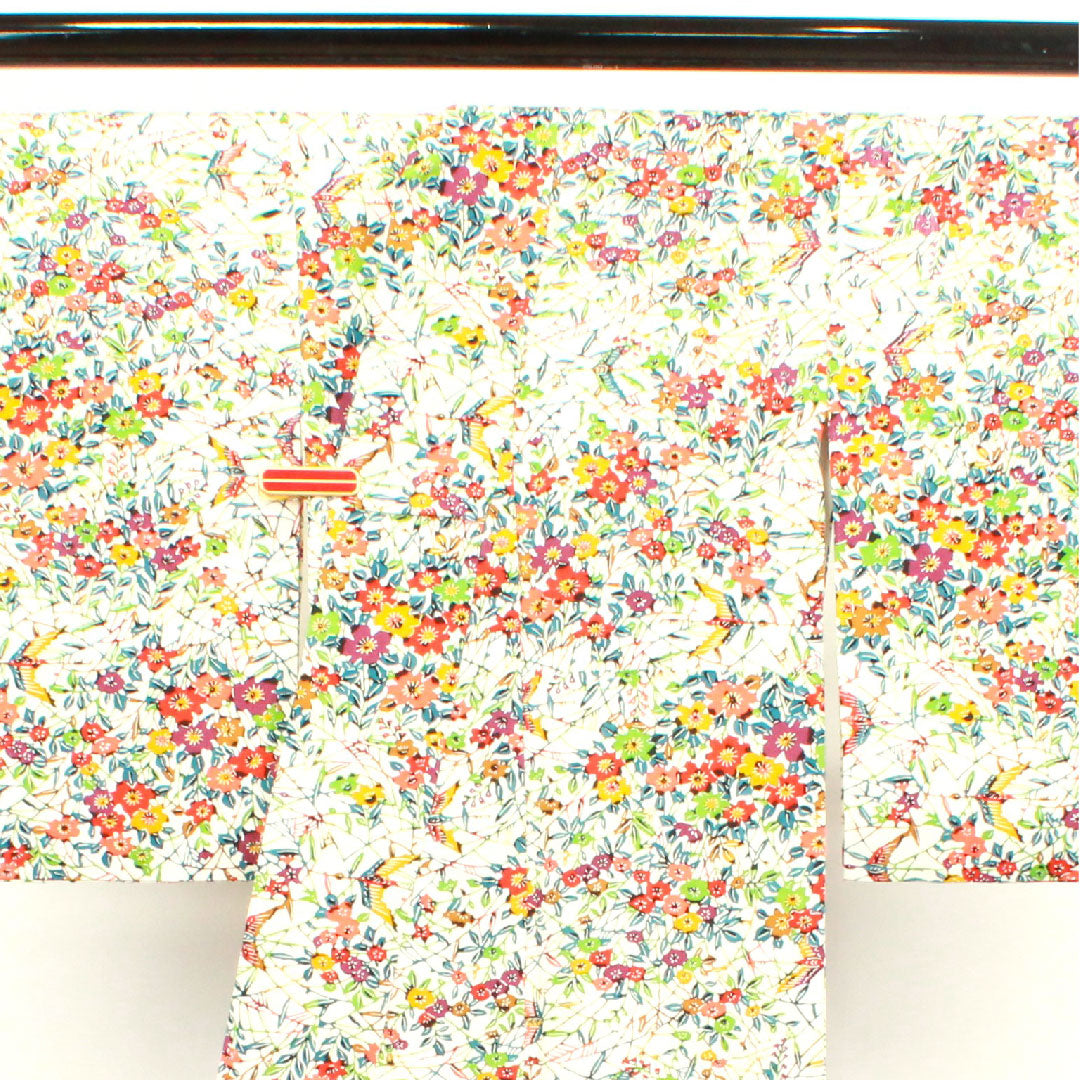 小紋 身丈156cm 裄丈60cm 袷 胡粉色 草花模様 正絹 Aランク 白系 1115003073311