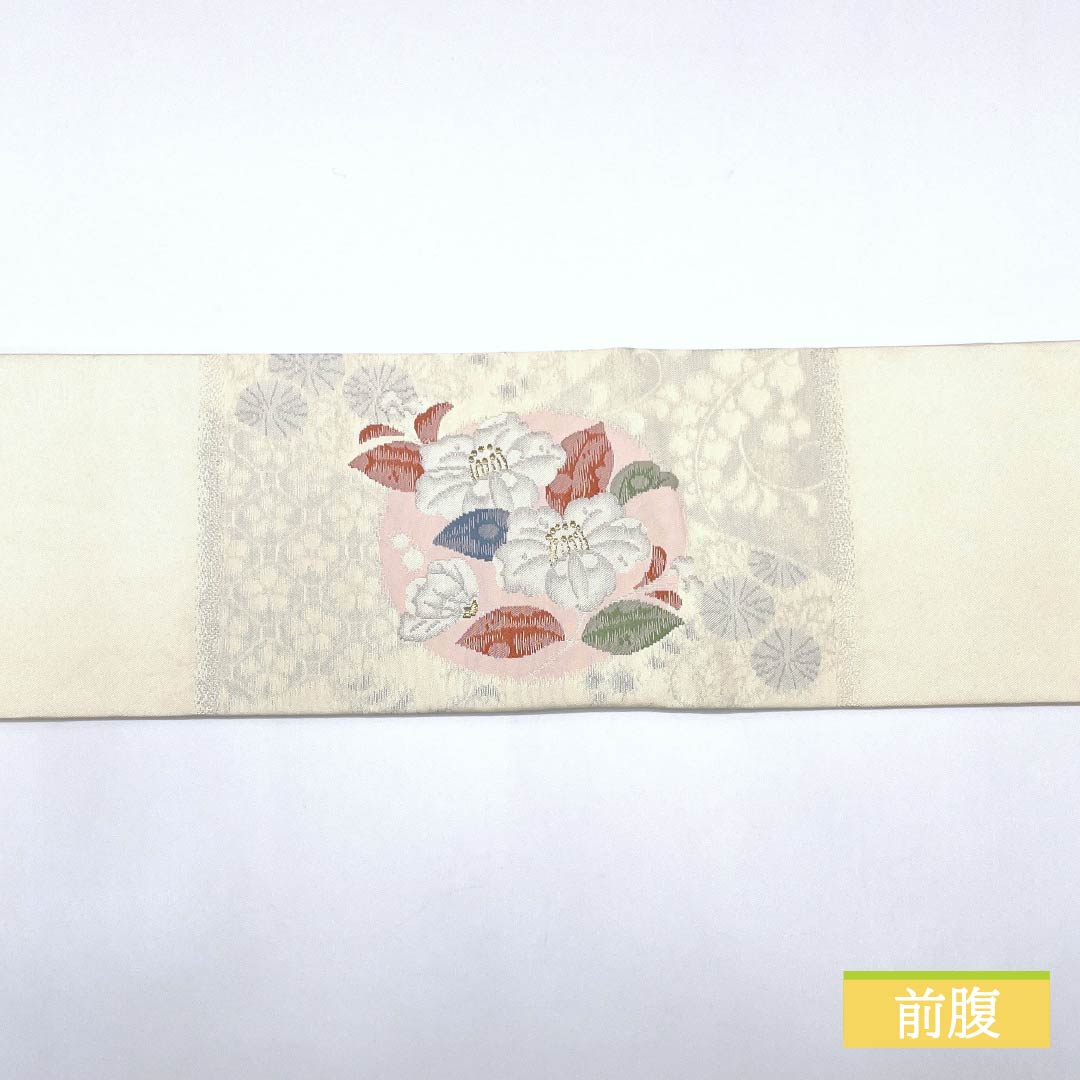 名古屋帯 乳白色色(にゅうはくしょくいろ) 唐花 菊 牡丹 帯丈350cm 正絹 Aランク ポイント柄 セミフォーマル クリーム系 1124008453315 名古屋仕立て