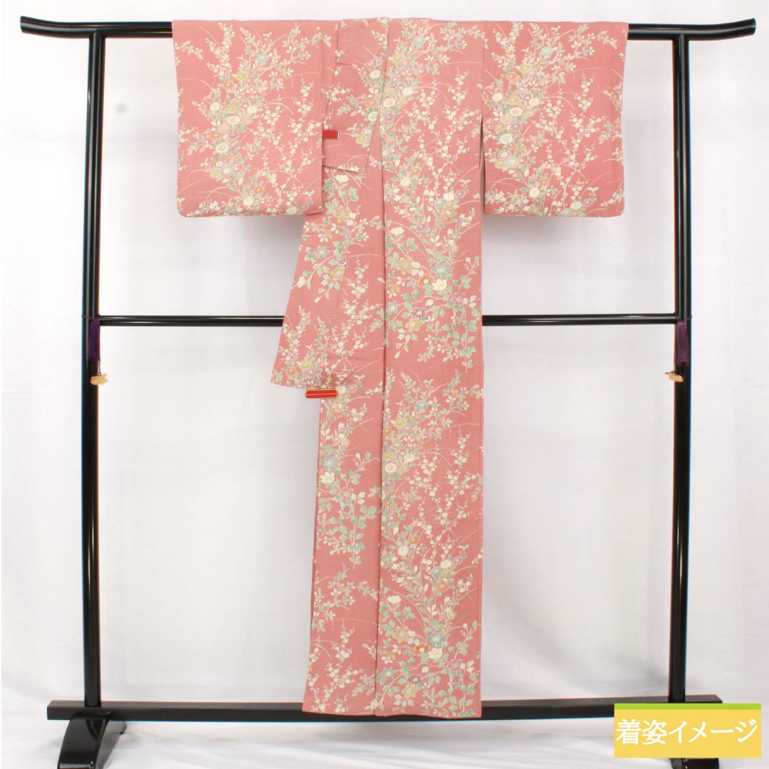 小紋 正絹 身丈156cm 裄丈62.5cm 袷 浅蘇芳色(あさきすおういろ) 草花模様 Aランク ピンク系 1115005083313