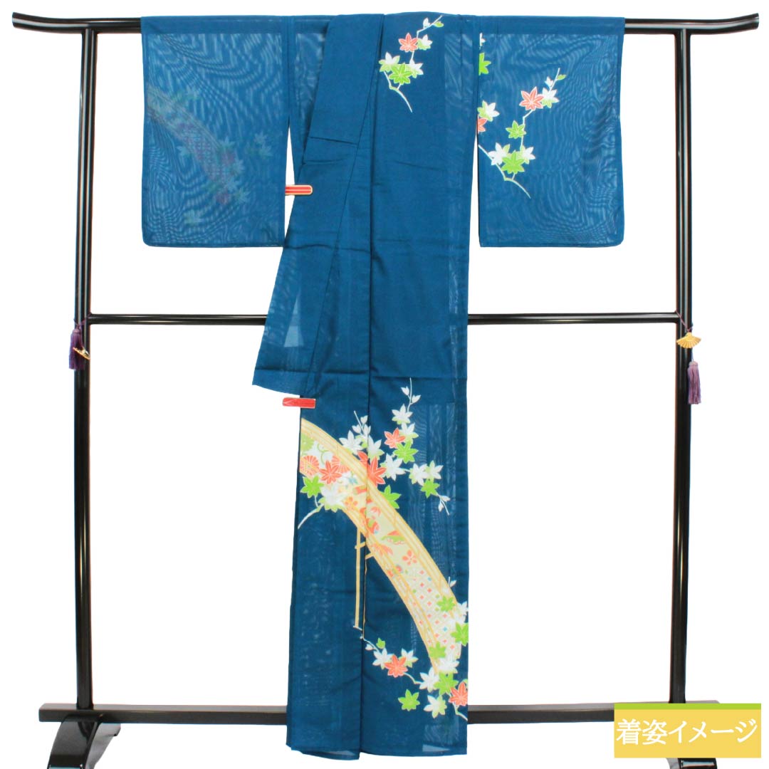 夏物 ポリエステル 付下げ Aランク 身丈163.5cm 裄丈63cm 深縹色(ふかきはなだいろ) 古典柄 洗える着物 絽 青系 1132005263417