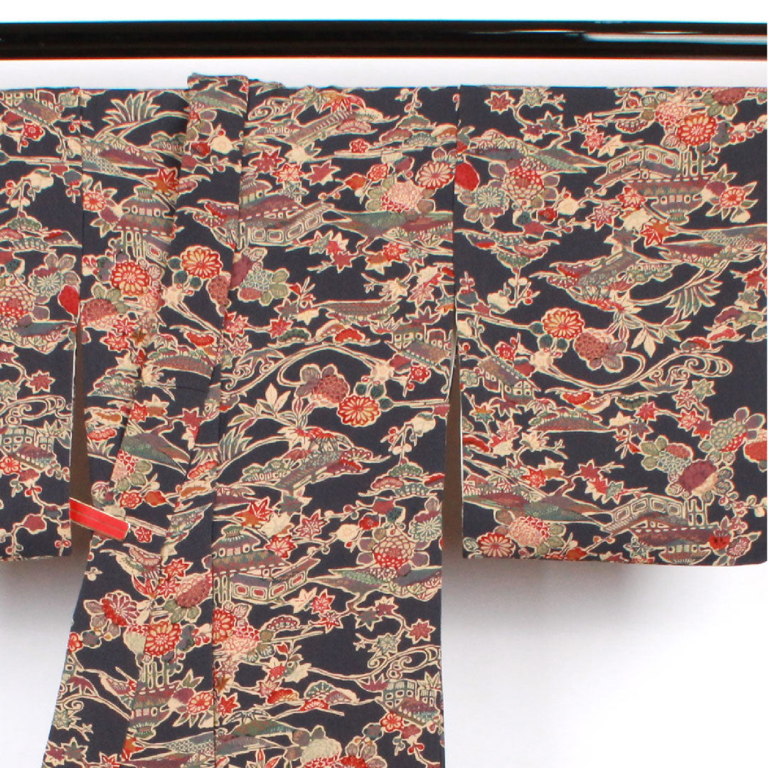 小紋 身丈154.5cm 裄丈60.5cm 袷 青褐色 型染 草花模様 正絹 Aランク 紺系 1115002293218