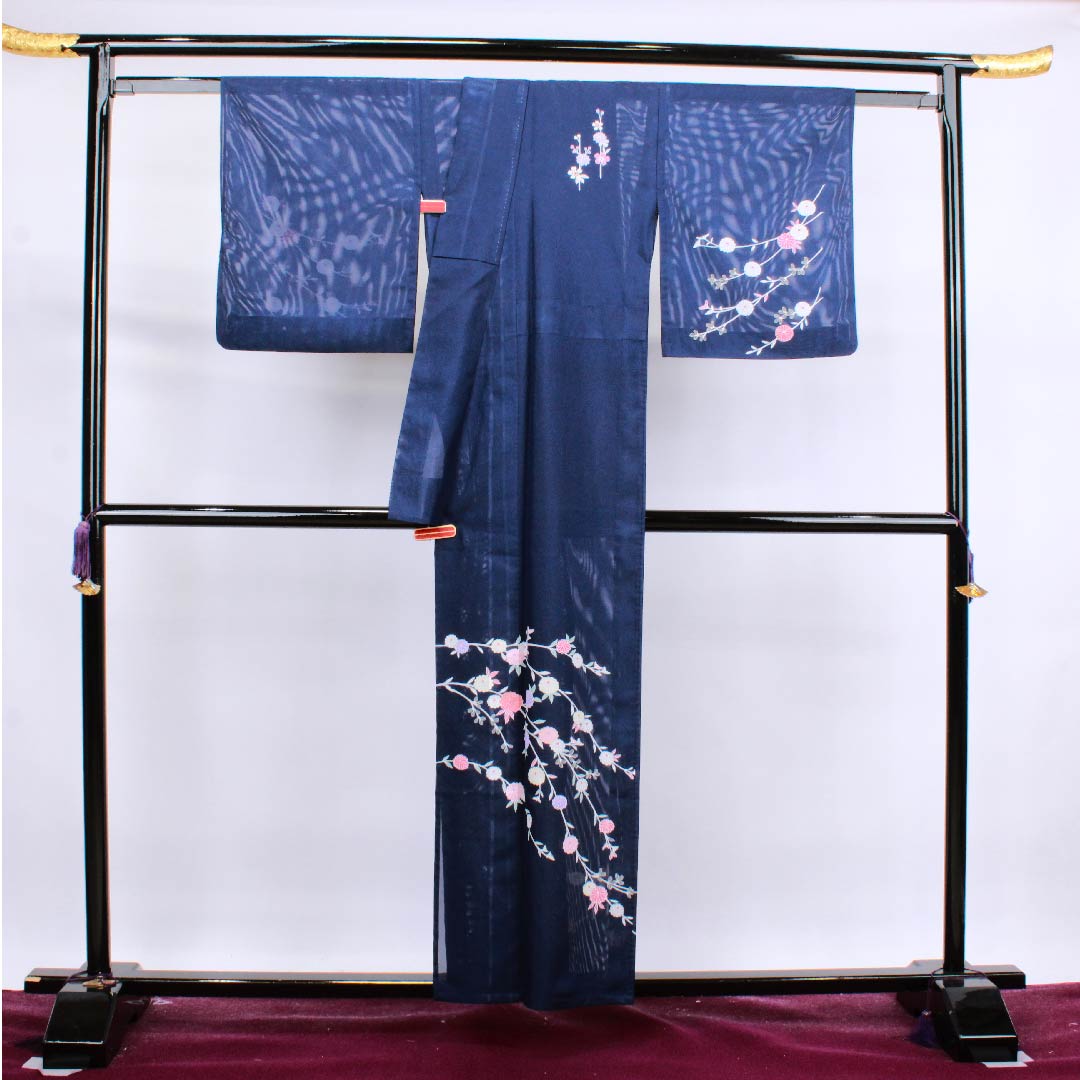 夏物 ポリエステル 訪問着 身丈156.5cm 裄丈65cm 濃紺色(のうこんいろ)菊 絽 Sランク 紺系 1132000102318