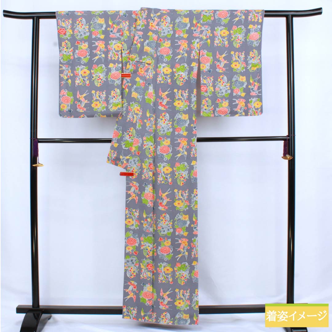 小紋 正絹 Aランク 身丈161cm 裄丈63.5cm 袷 相思鼠色(そうしねずいろ) 京紅型 吉祥文様 グレー系 1115006393422