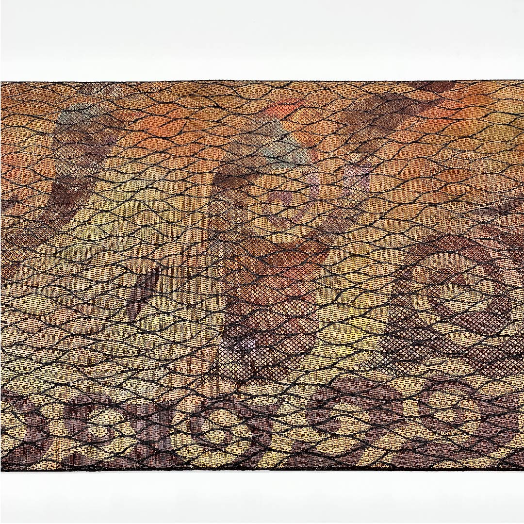 袋帯 紅鬱金色(べにうこんいろ) 幾何学模様 箔 帯丈456cm 正絹 Aランク 六通 カジュアル 茶系 1123005493414