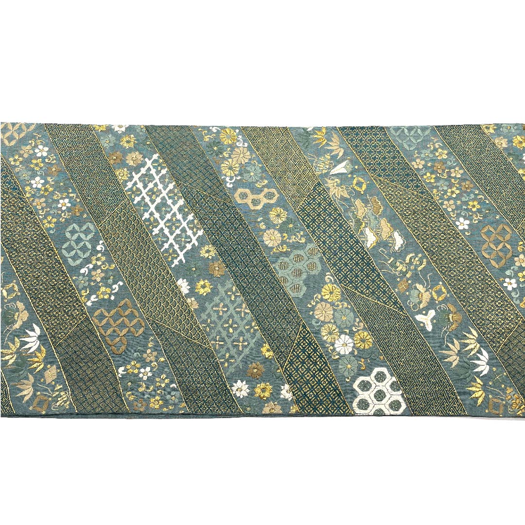 袋帯 藍砥茶色(あいとのちゃいろ) 刺繍 吉祥文様 宝巻 花唐草 帯丈430cm 正絹 Sランク 六通 フォーマル 緑系 1123008142319