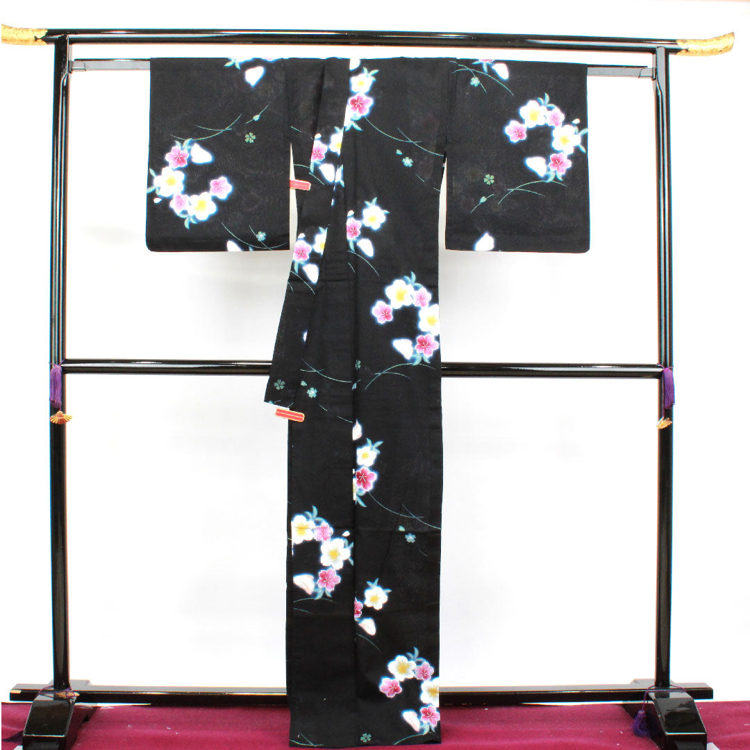 浴衣 桜 木綿 Sランク 単衣 身丈168cm 裄丈67.5cm 黒系 1118002092510