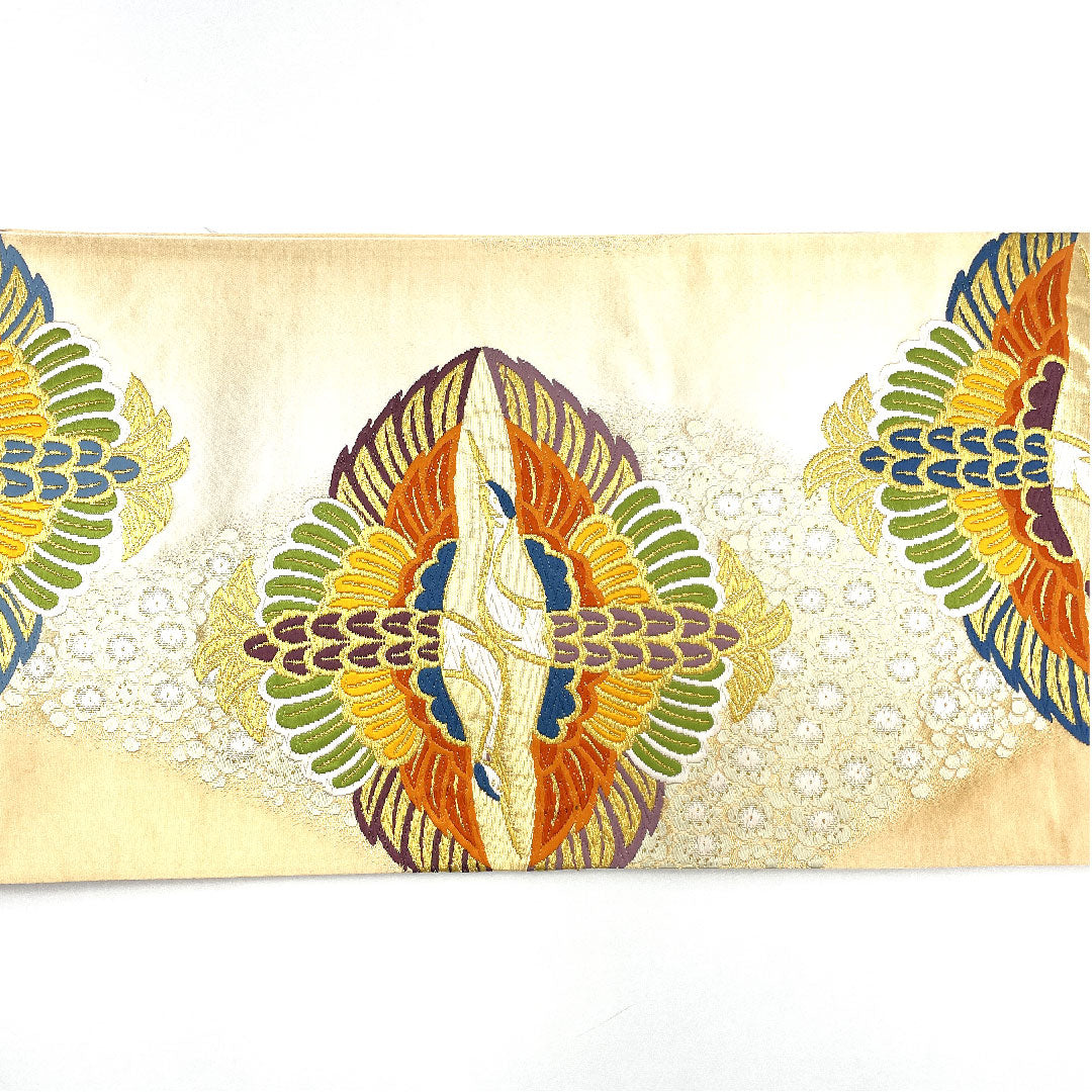 (未仕立)袋帯 向かい鶴 帯丈416cm 正絹 Aランク 六通 フォーマル 金系 1123003693321