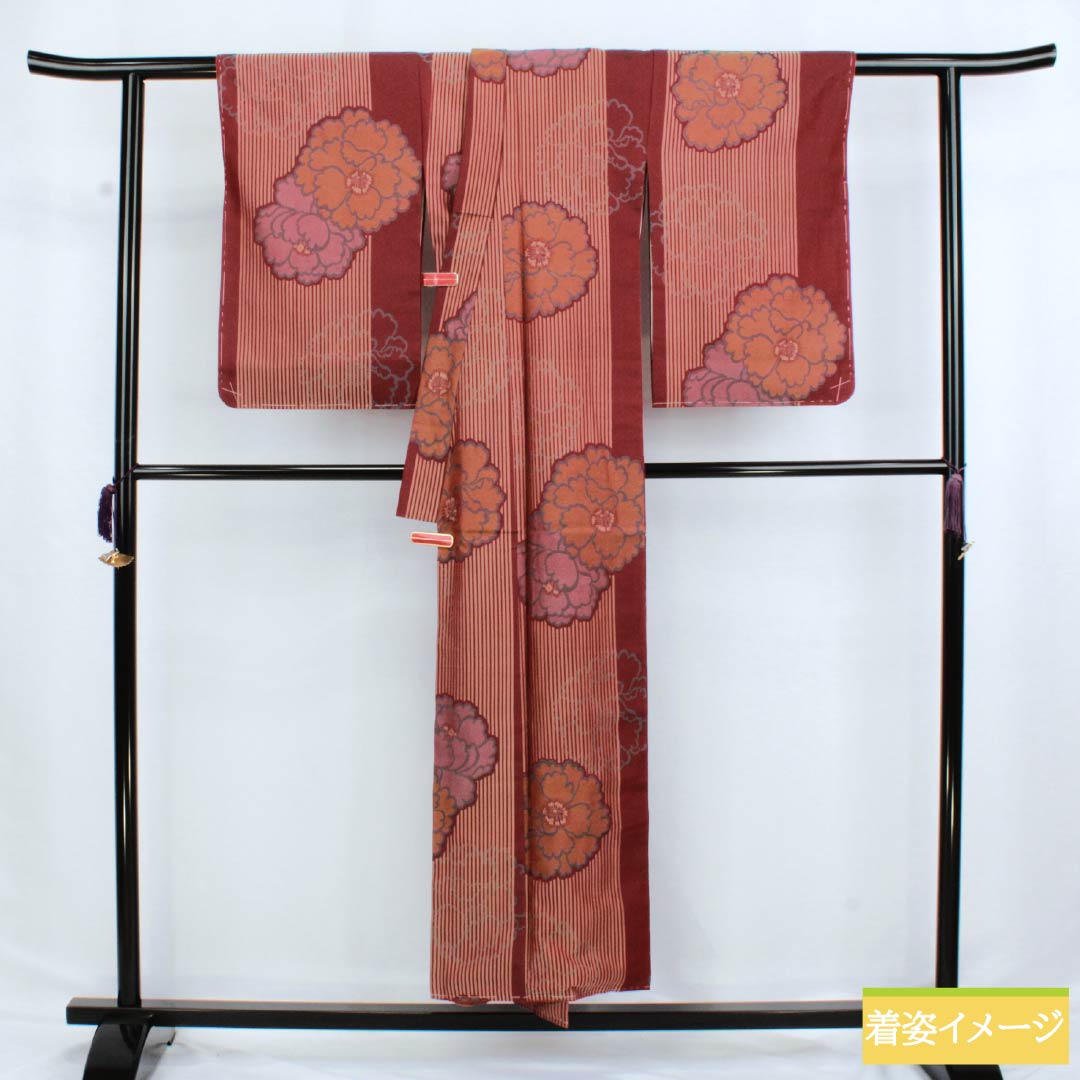 紬 正絹 Sランク 身丈151.5cm 裄丈64.5cm 皆紅色(かいこうしょく) 牡丹 お召 アンティーク 袷 赤系 1116004222212