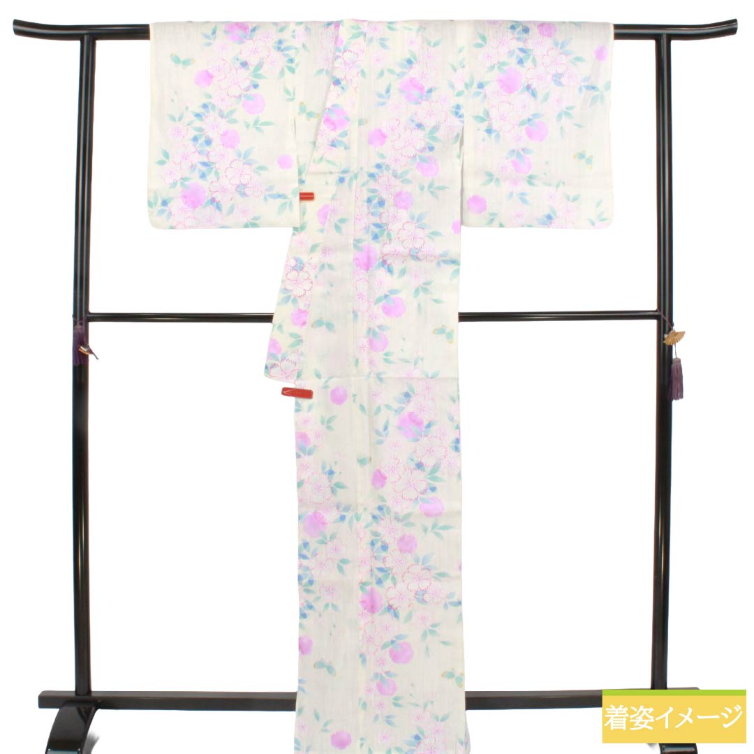 浴衣 木綿 Aランク 身丈166.5cm 裄丈64cm 蝶 草花模様 単衣 白系 1118007243511