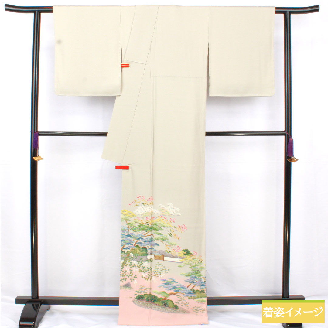 色留袖 正絹 身丈166cm 裄丈68cm 袷 卯の花色(うのはないろ) 京加賀友禅 一つ紋 違い鷹の羽 パールトーン加工 しつけ糸付き 未使用品 Sランク グレー系 1111001662522