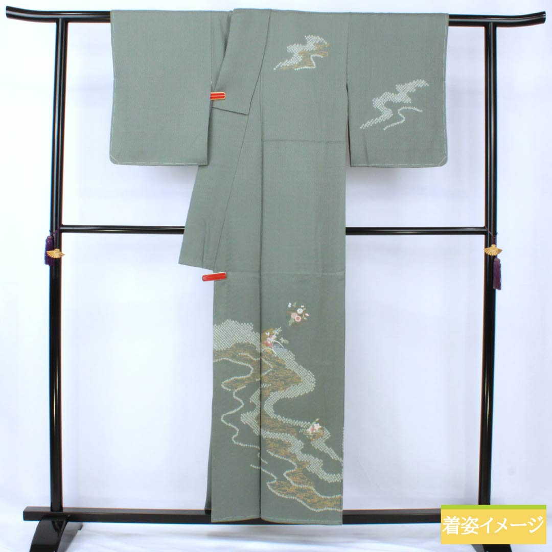 Visiting Kimono (Homongi) - Pure Silk, S-Rank, Lined, Length 153.5cm, Sleeve Length 62.5cm, Fukagawa Nezuiro (Fukagawa Gray), Shibori (Dyed Tie), Suzhou Embroidery, Saaya Pattern, Flowing Water, Small Flowers, Green, Product Number: 1112007112219
