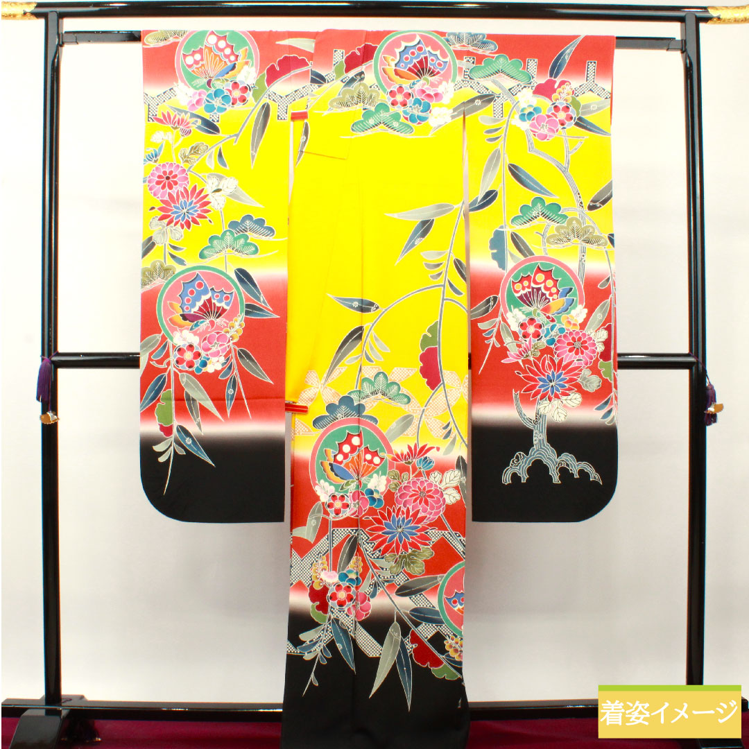 振袖 正絹 身丈165.5cm 裄丈65cm 袷 向日葵色 京紅型 吉祥文様 Sランク 黄系 1113001872523
