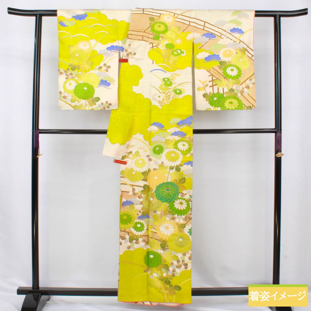 訪問着 正絹 Aランク 袷 身丈162cm 裄丈63.5cm 京友禅 松 菊 白系 1112006353411