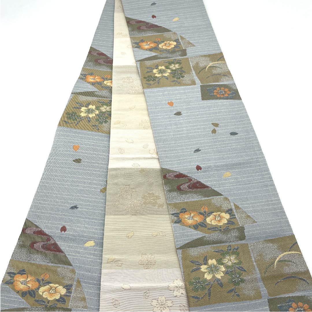 半幅帯 ポリエステル 帯丈440cm 水銀色(すいぎんいろ) 古典柄 花柄 長尺 グレー系 Sランク 1125001522422