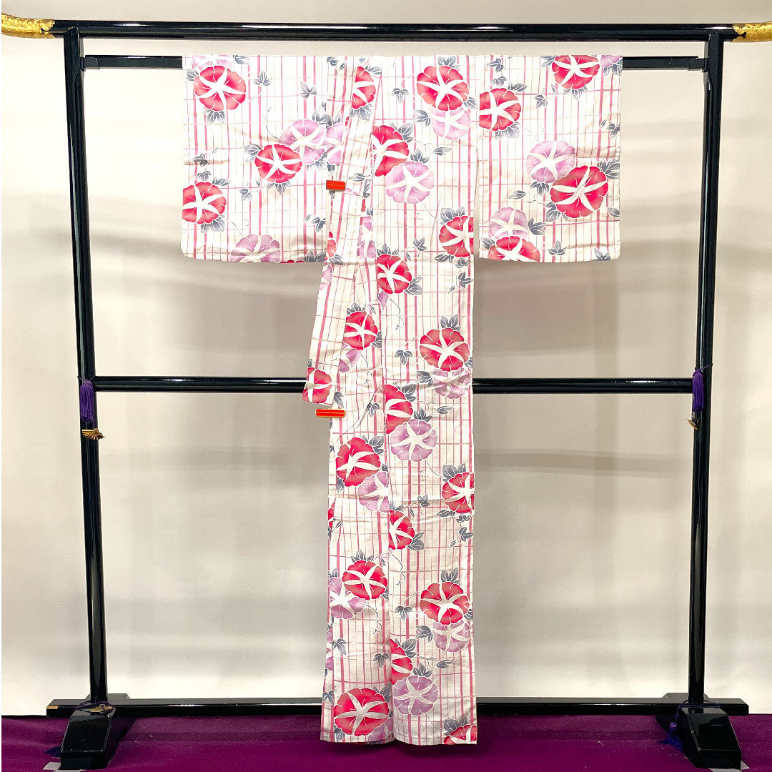 Yukata Morning Glory Check Cotton S Rank Single Layer Length 162.5cm Sleeve Length 65cm White 1118001512411
