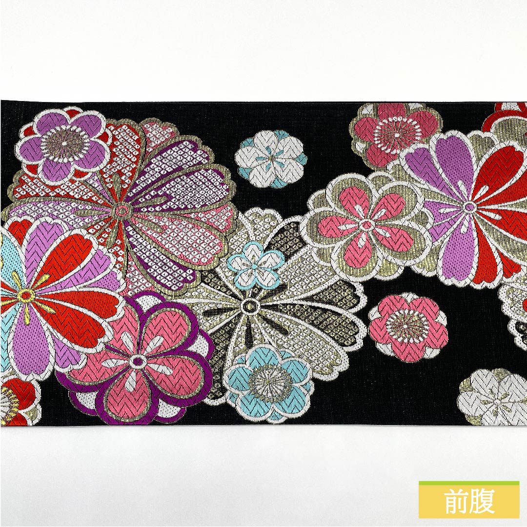 袋帯 正絹 黒色(くろいろ) ねじり梅 ねじり桜 鹿の子 帯丈444cm Sランク 六通 フォーマル 黒系 1123011612310