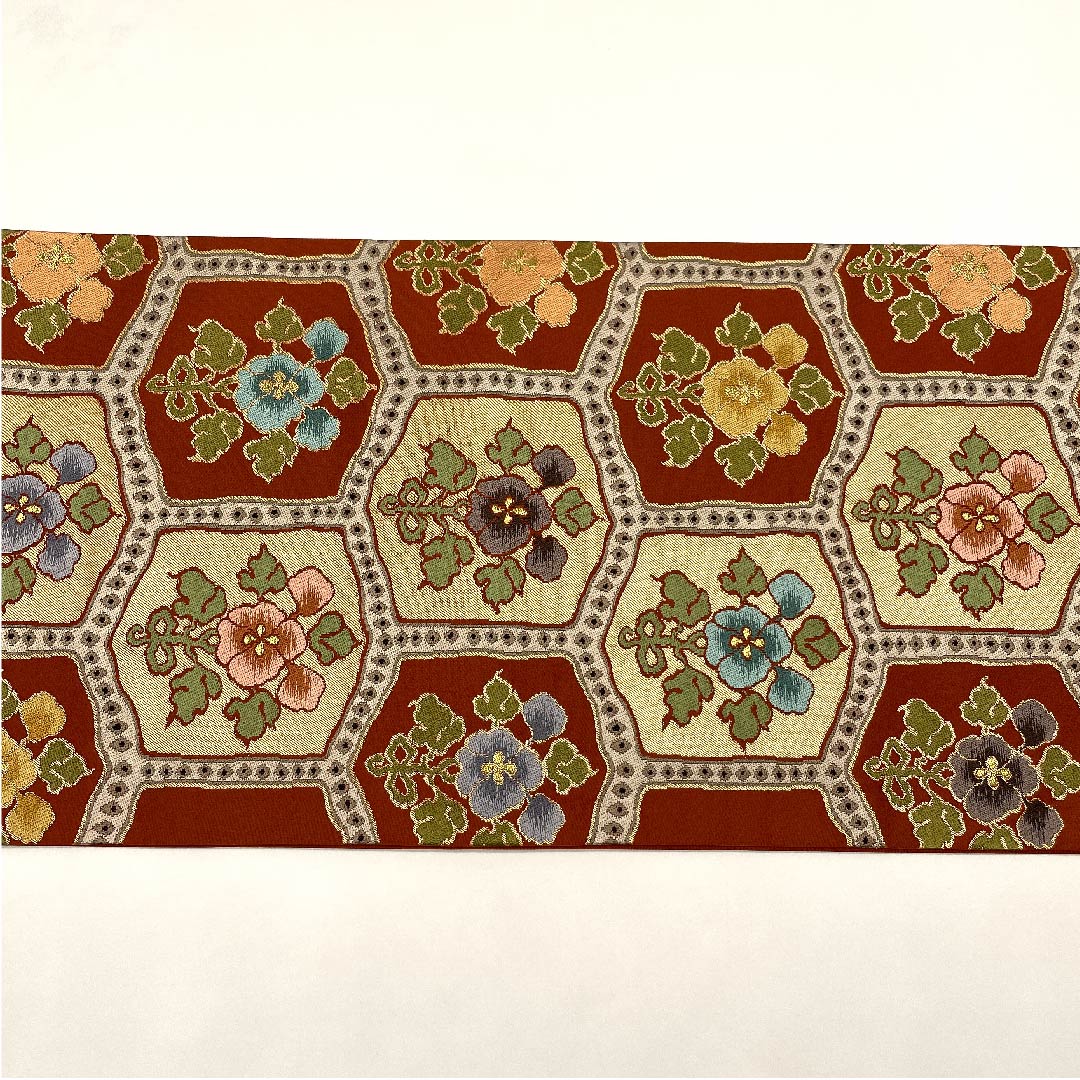 Fukuro Obi (Sash) in Shoujo Chairo (Scarlet Brown) with Floral Pattern, Tortoise Shell, Shirayaen Oba, Length 420cm, Pure Silk, A Rank, Six-Pass, Formal, Orange, 1123008893326