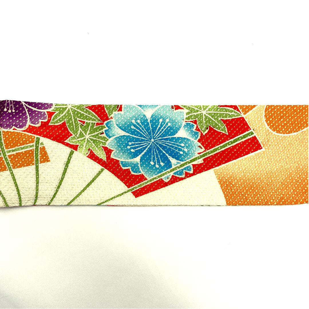 名古屋帯 縮緬 桜 楓 扇 絞り帯丈374cm 正絹 Aランク 六通 カジュアル 白系 1124001663311 名古屋仕立て